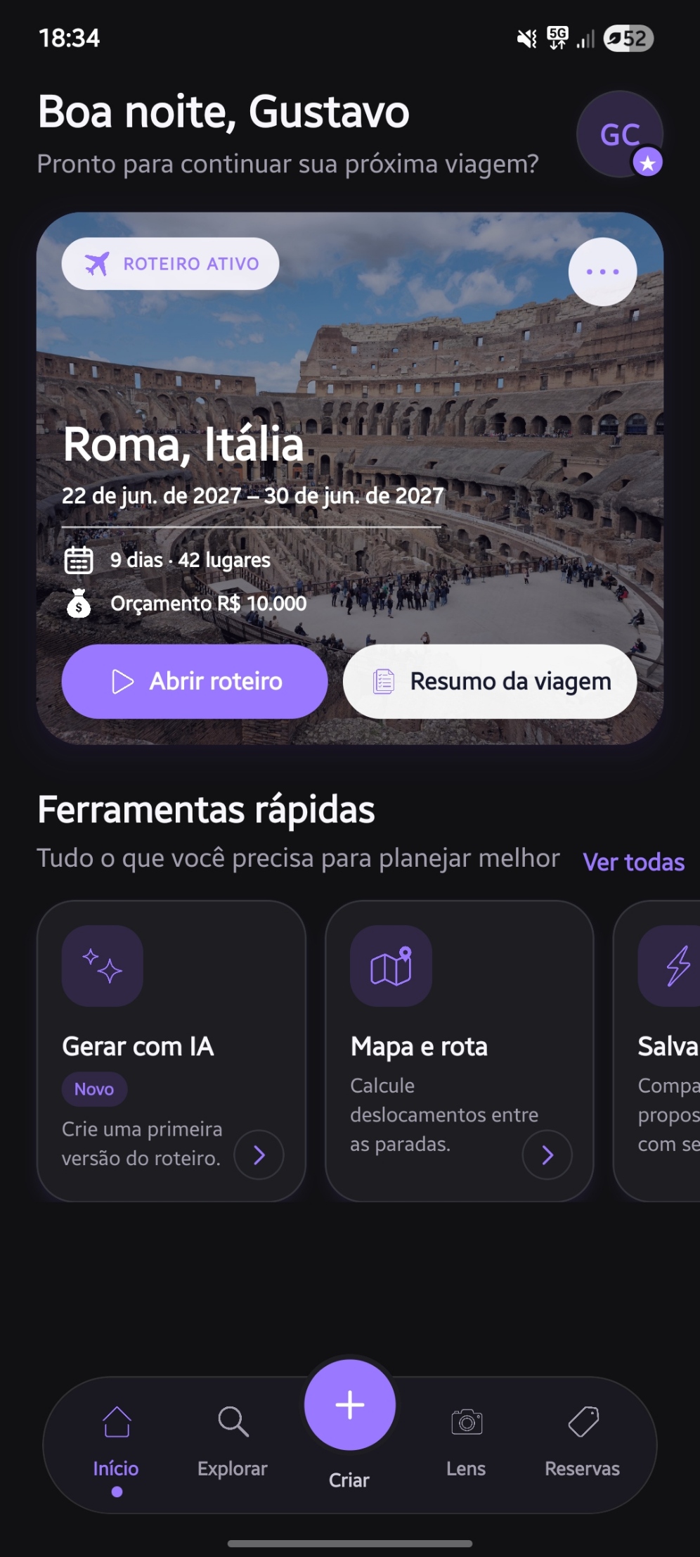 Tela inicial do Vaganto mostrando uma viagem ativa para Roma